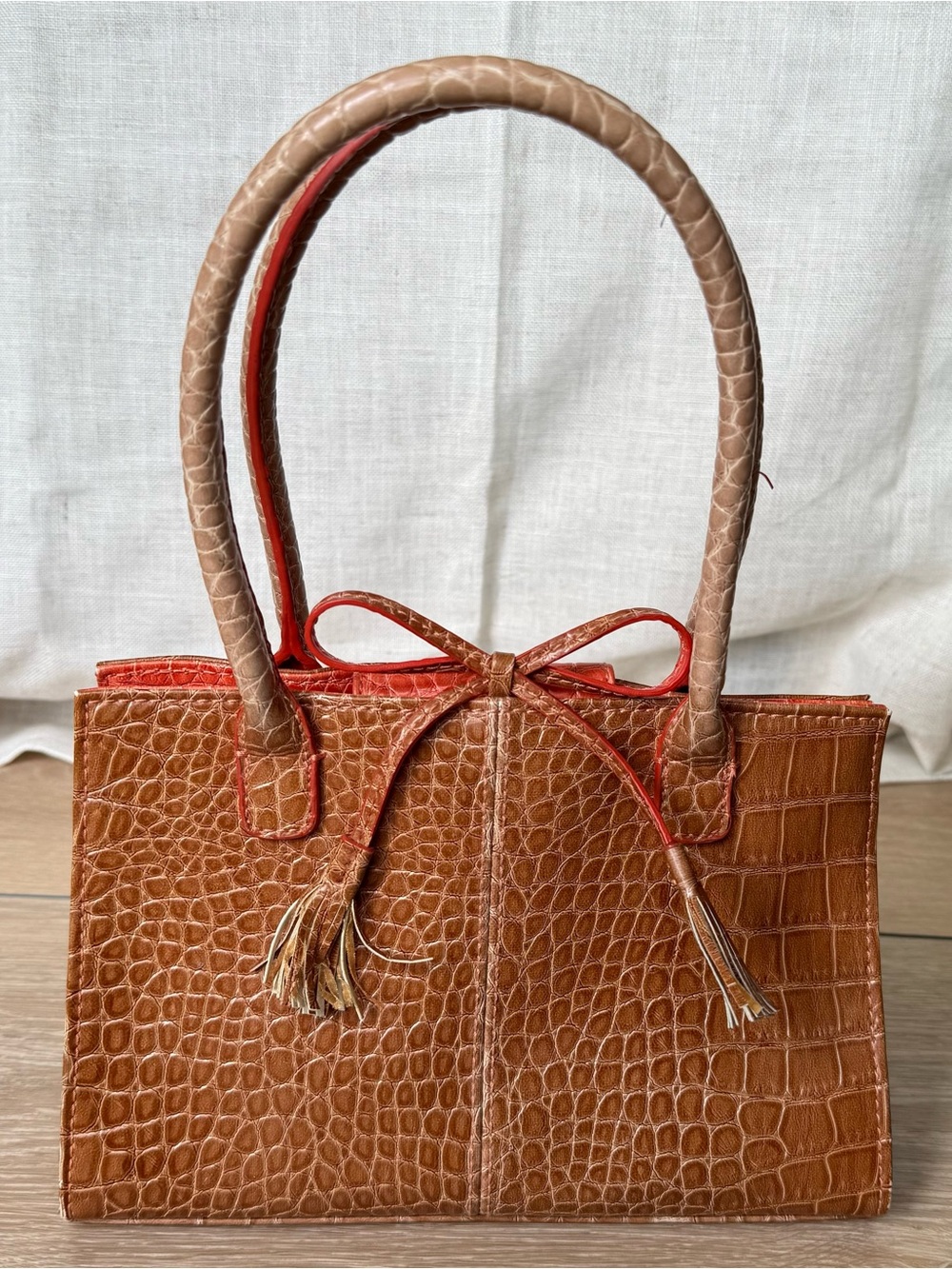 Liz Claiborne orange croc embossed leather small tote bag